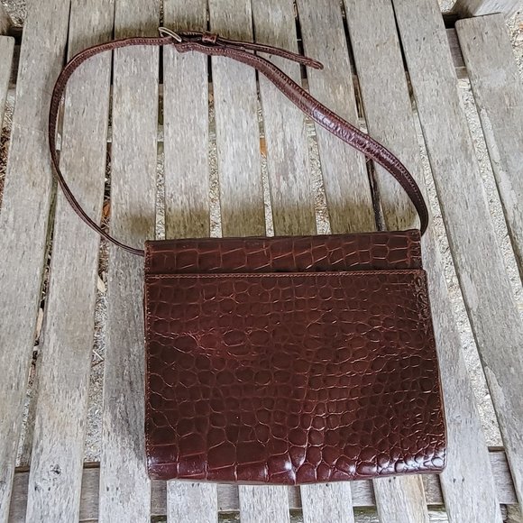 ENZO ANGIOLINI Brown Leather Embossed Croc Shoulder Flap Bag Clutch - Picture 3 of 5